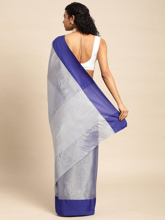 Blue Plain Tissue Saree With Embroidery Work with Blouse Piece - PepaBai