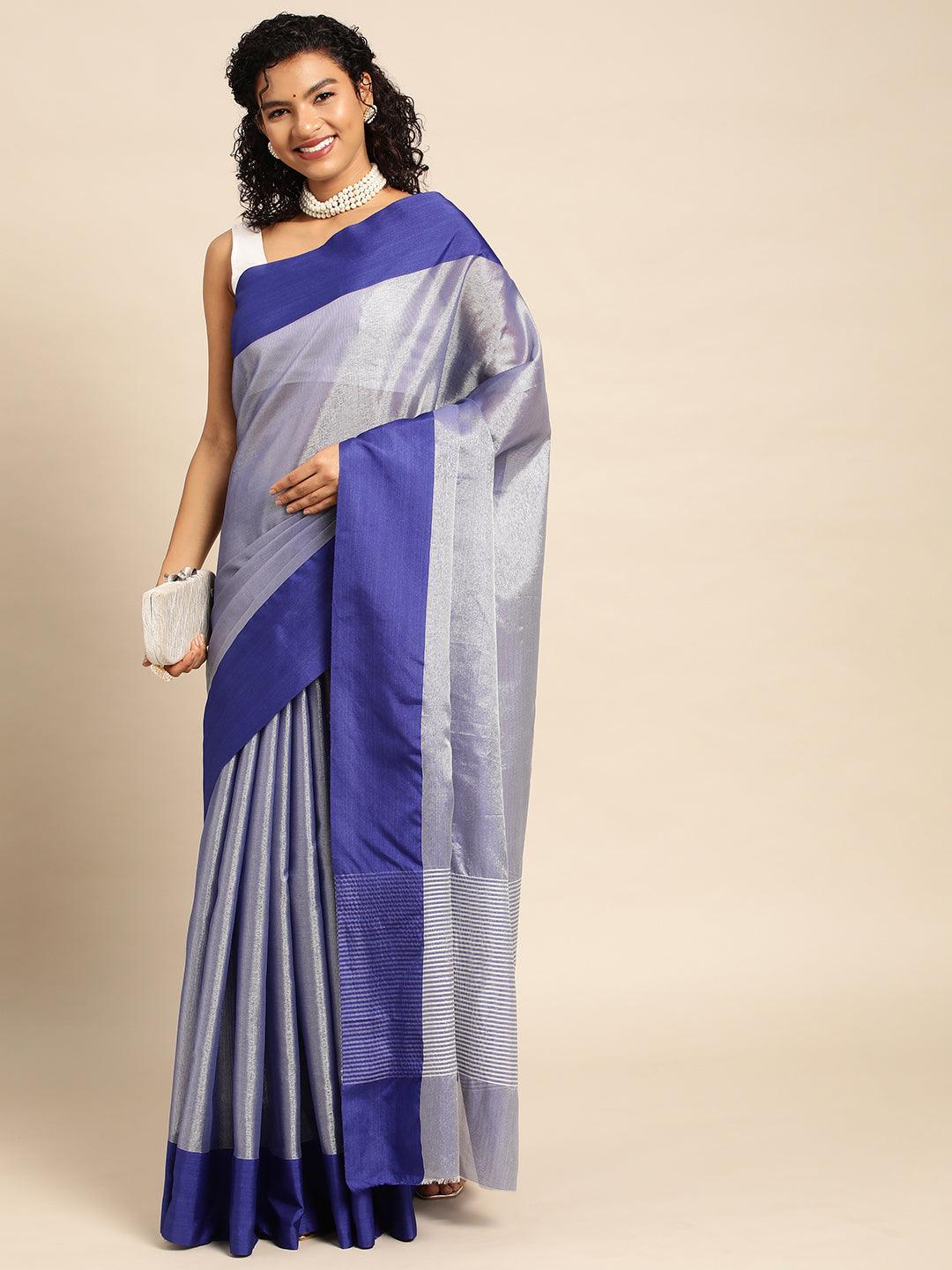 Blue Plain Tissue Saree With Embroidery Work with Blouse Piece - PepaBai