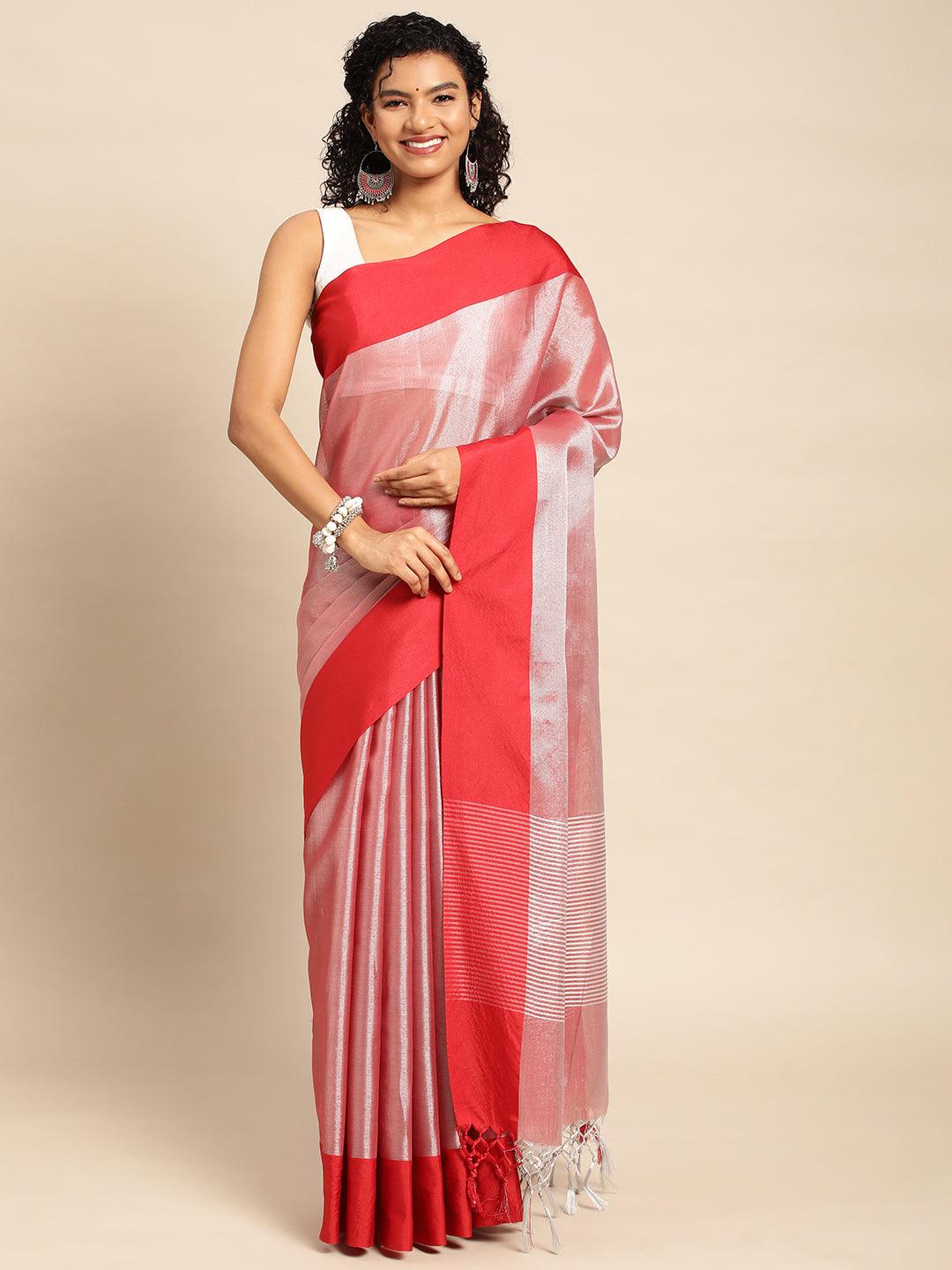 Red Plain Tissue Saree With Embroidery Work with Blouse Piece - PepaBai