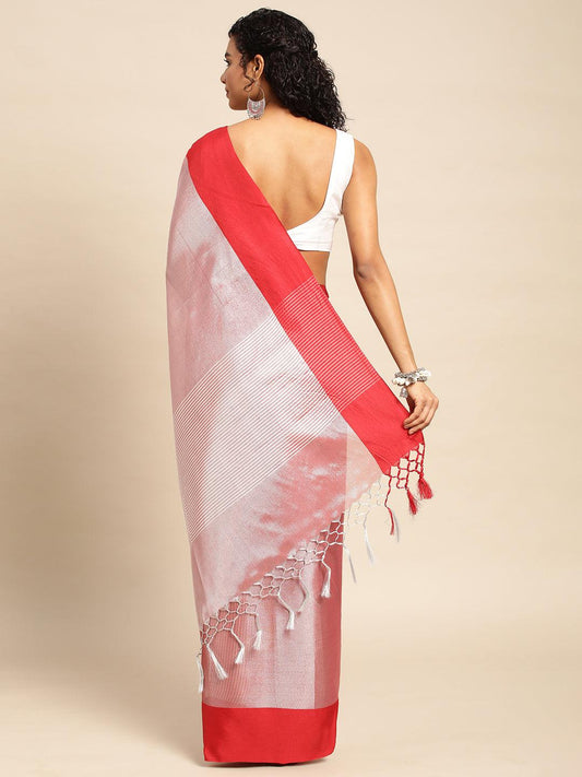 Red Plain Tissue Saree With Embroidery Work with Blouse Piece - PepaBai