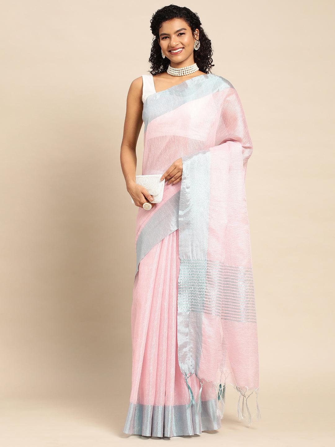 Pink-Blue Plain Tissue Saree With Embroidery Work with Blouse Piece - PepaBai