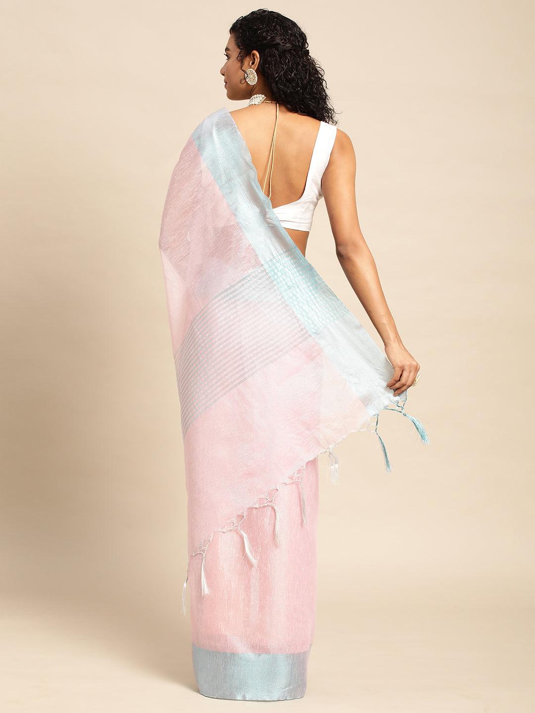 Pink-Blue Plain Tissue Saree With Embroidery Work with Blouse Piece - PepaBai