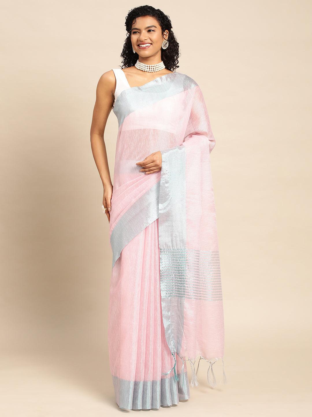 Pink-Blue Plain Tissue Saree With Embroidery Work with Blouse Piece - PepaBai