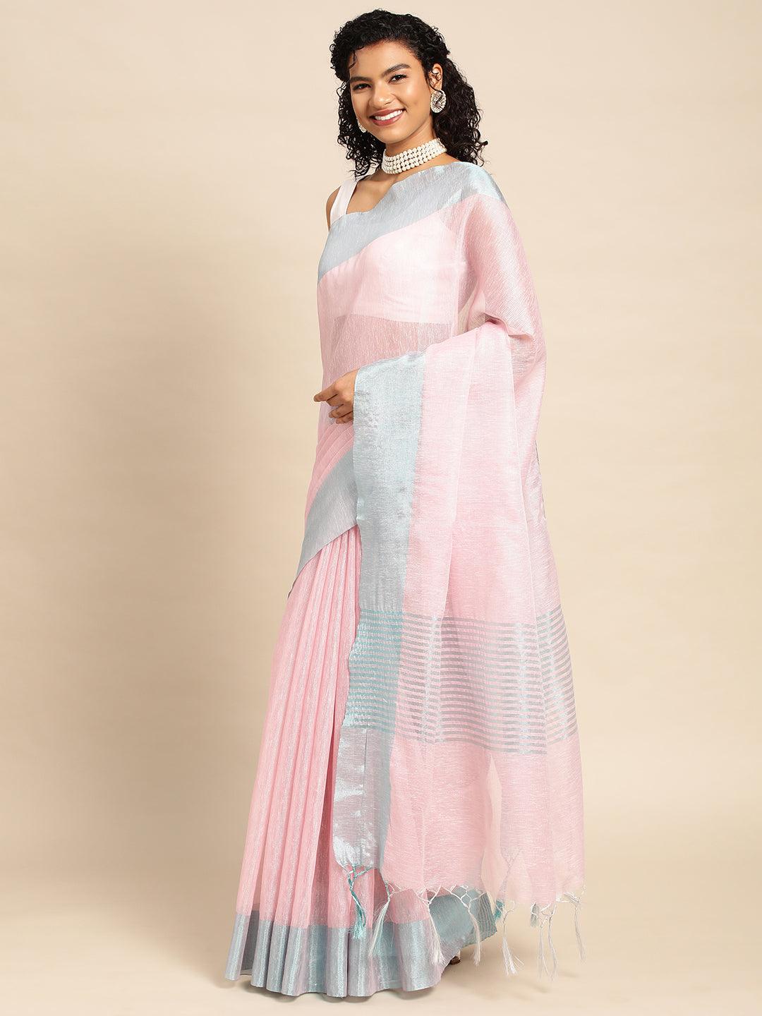 Pink-Blue Plain Tissue Saree With Embroidery Work with Blouse Piece - PepaBai