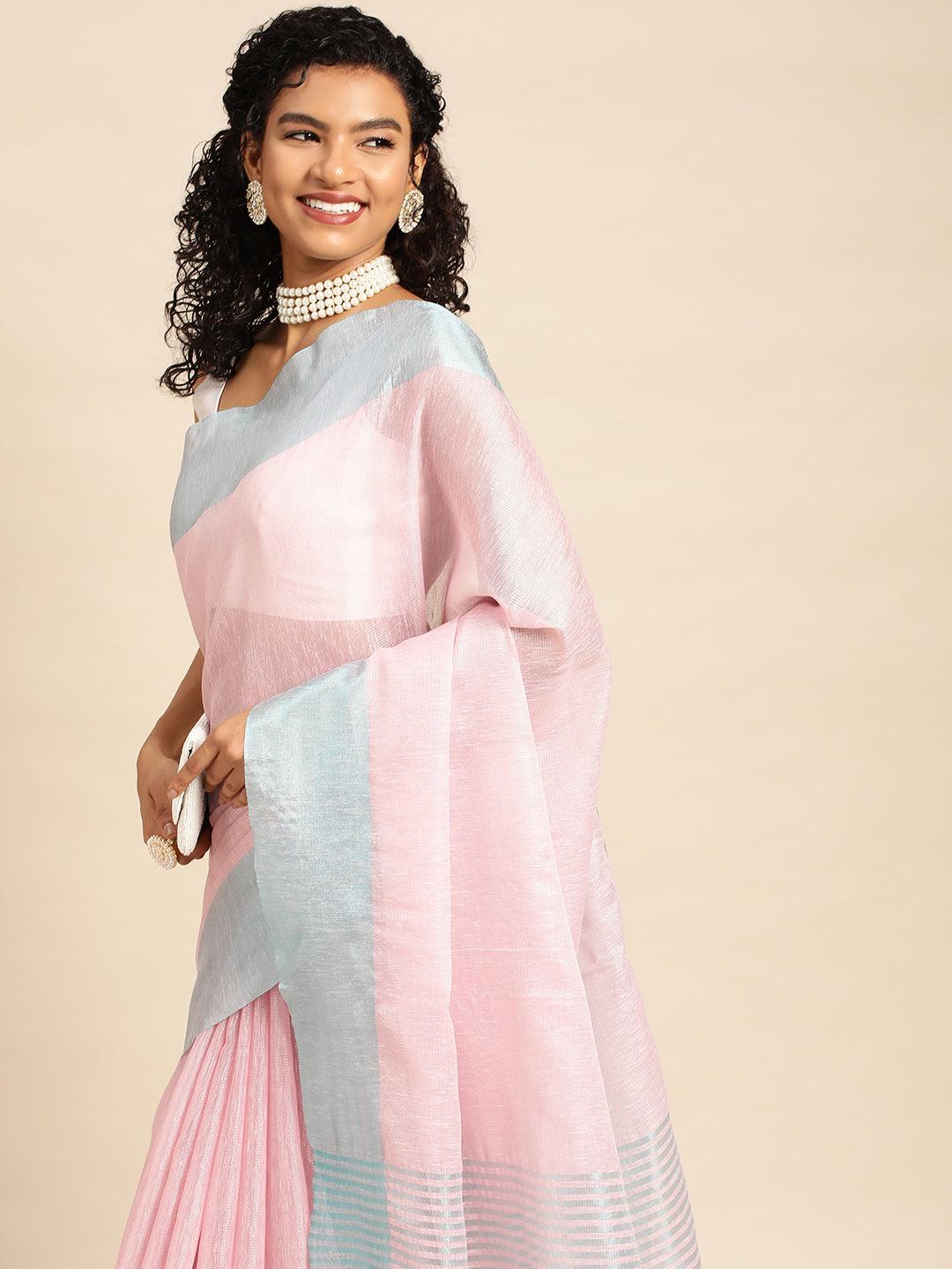 Pink-Blue Plain Tissue Saree With Embroidery Work with Blouse Piece - PepaBai