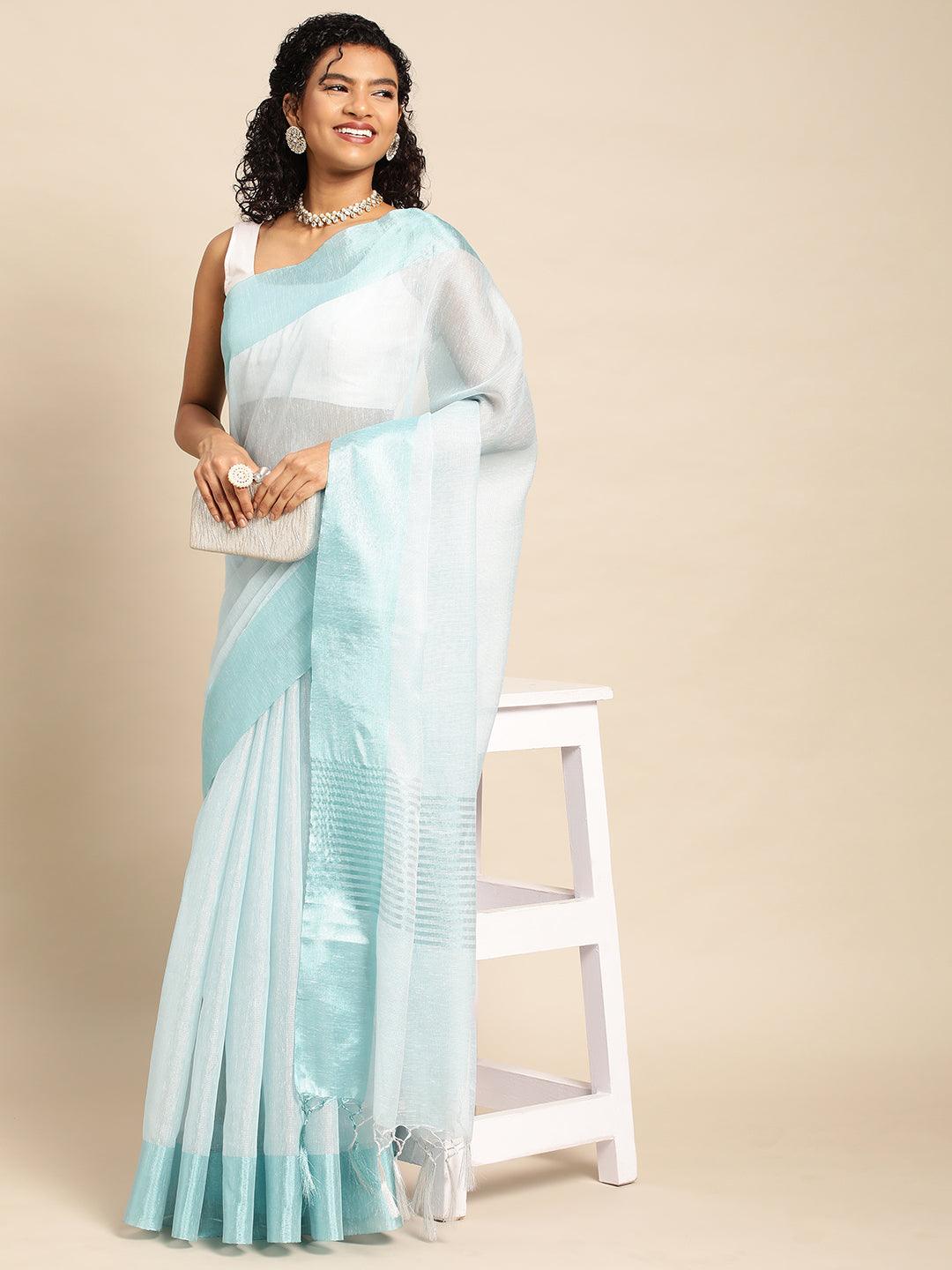 Turquoise Plain Tissue Saree With Embroidery Work with Blouse Piece - PepaBai