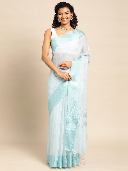 Turquoise Plain Tissue Saree With Embroidery Work with Blouse Piece - PepaBai