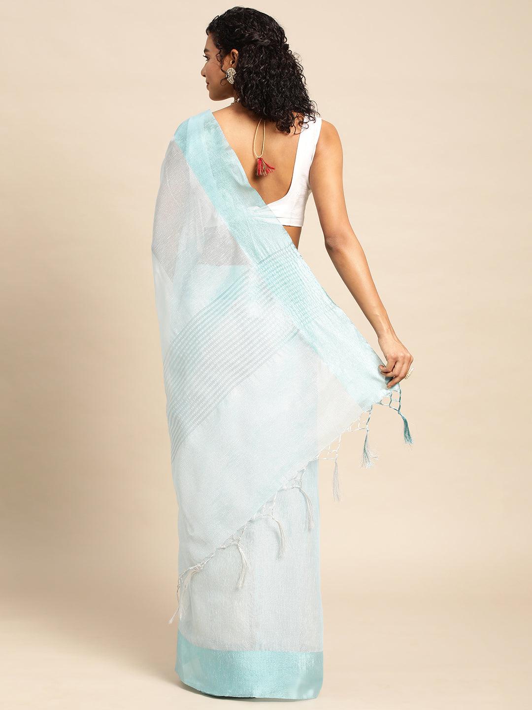 Turquoise Plain Tissue Saree With Embroidery Work with Blouse Piece - PepaBai