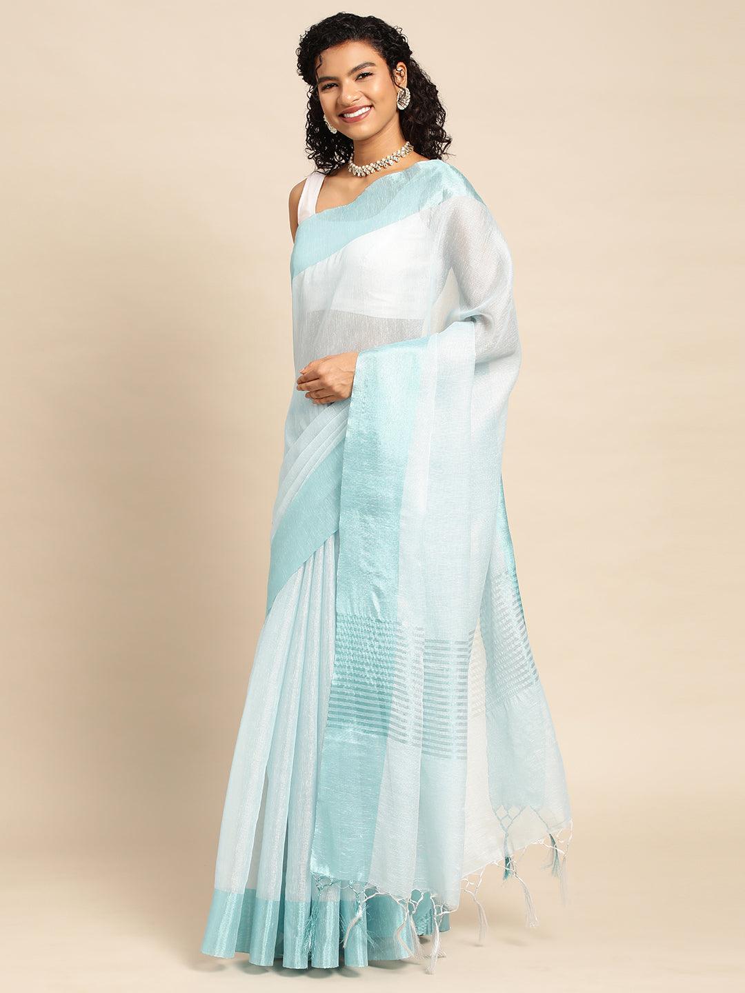 Turquoise Plain Tissue Saree With Embroidery Work with Blouse Piece - PepaBai