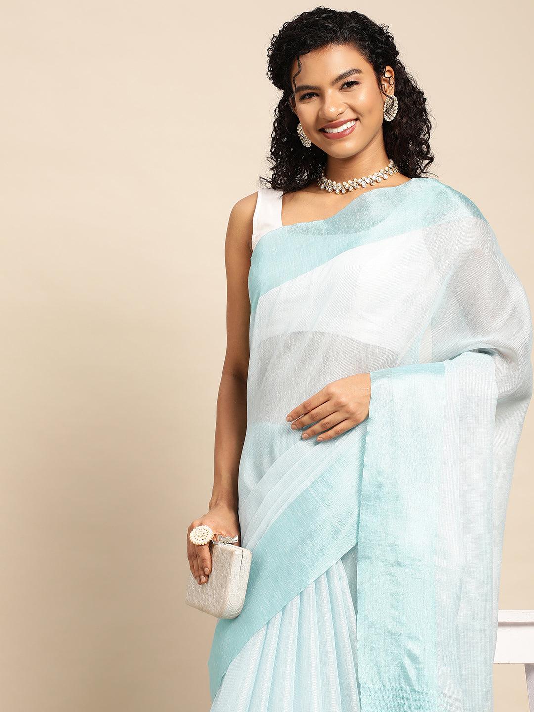 Turquoise Plain Tissue Saree With Embroidery Work with Blouse Piece - PepaBai