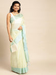 Yellow-Blue Plain Tissue Saree With Embroidery Work with Blouse Piece - PepaBai