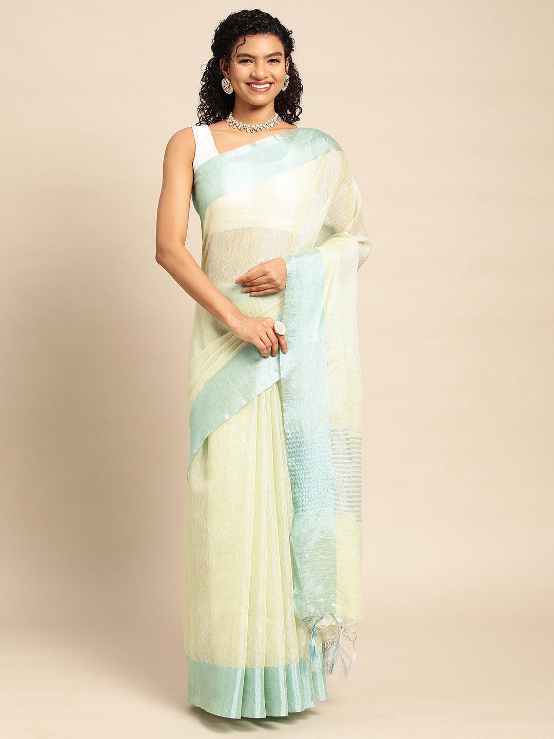 Yellow-Blue Plain Tissue Saree With Embroidery Work with Blouse Piece - PepaBai