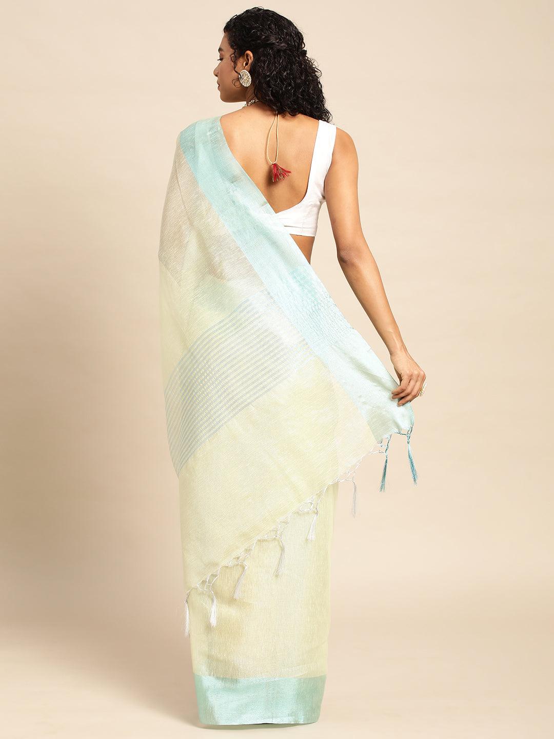 Yellow-Blue Plain Tissue Saree With Embroidery Work with Blouse Piece - PepaBai