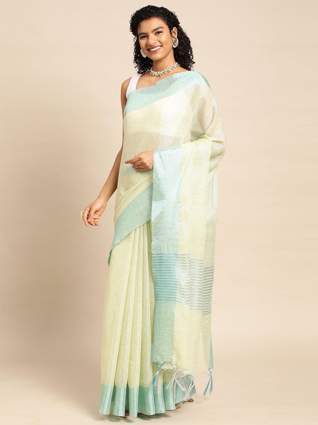 Yellow-Blue Plain Tissue Saree With Embroidery Work with Blouse Piece - PepaBai