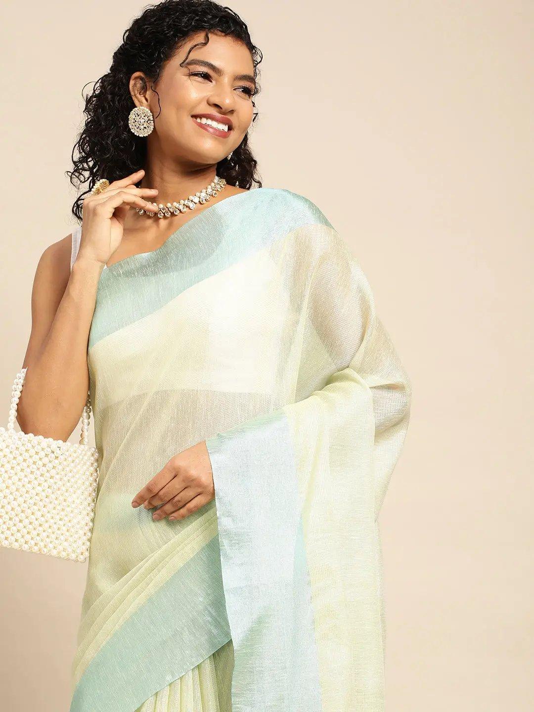 Yellow-Blue Plain Tissue Saree With Embroidery Work with Blouse Piece - PepaBai