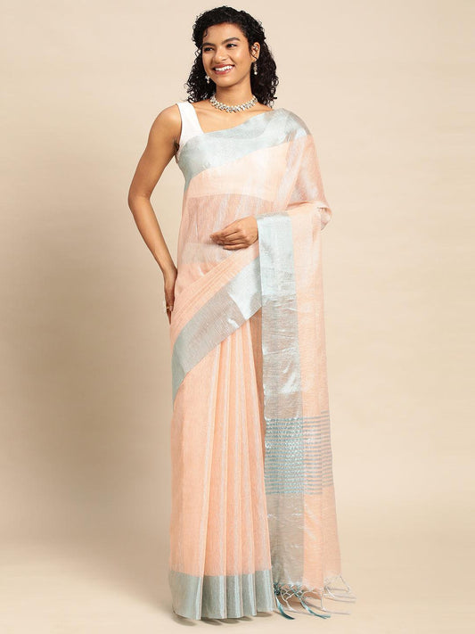 Peach Plain Tissue Saree With Embroidery Work with Blouse Piece - PepaBai