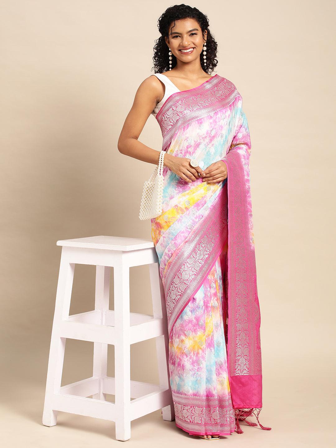 Pink Katan Silk With Brush Paint with Blouse Piece - PepaBai