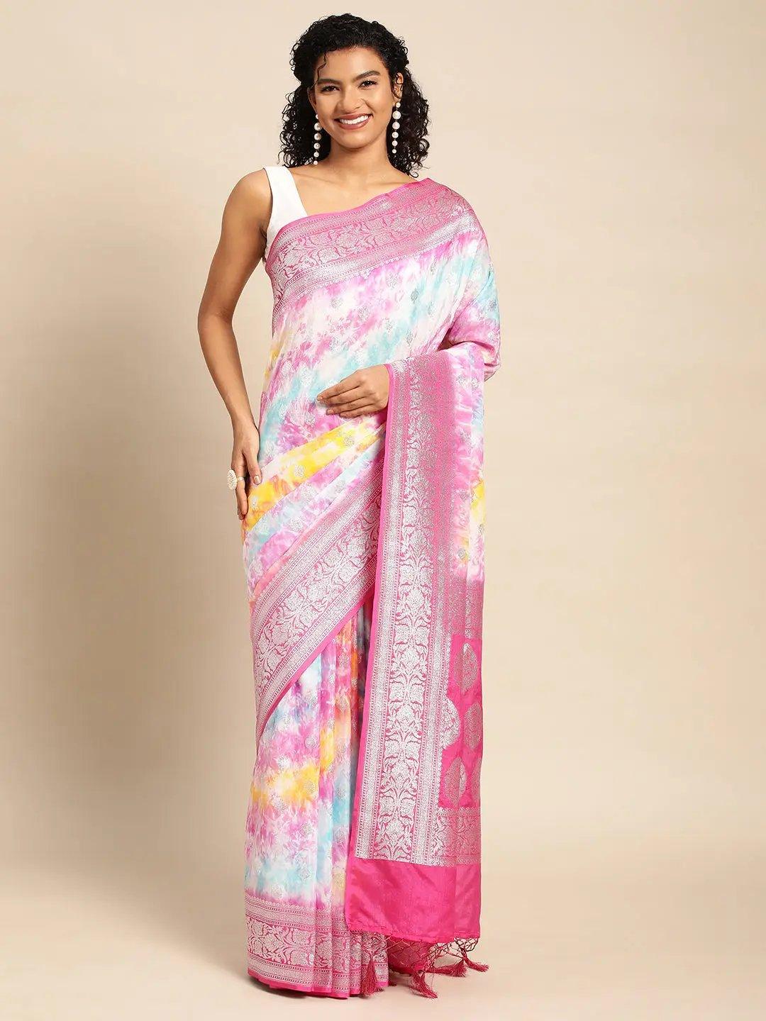 Pink Katan Silk With Brush Paint with Blouse Piece - PepaBai