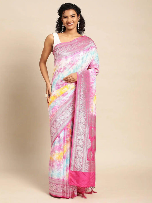 Pink Katan Silk With Brush Paint with Blouse Piece - PepaBai