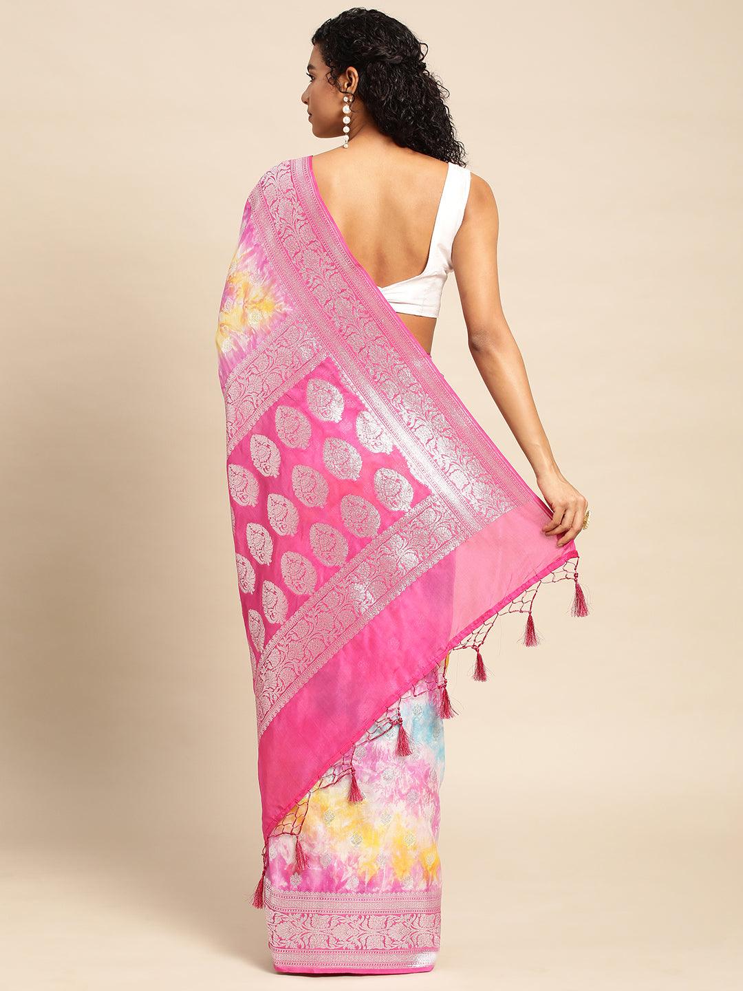 Pink Katan Silk With Brush Paint with Blouse Piece - PepaBai