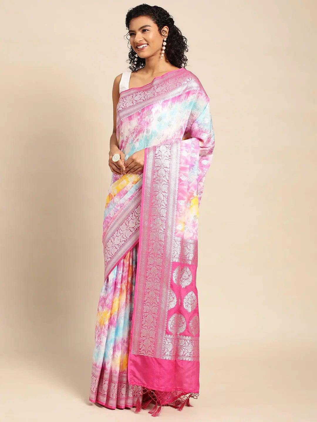 Pink Katan Silk With Brush Paint with Blouse Piece - PepaBai