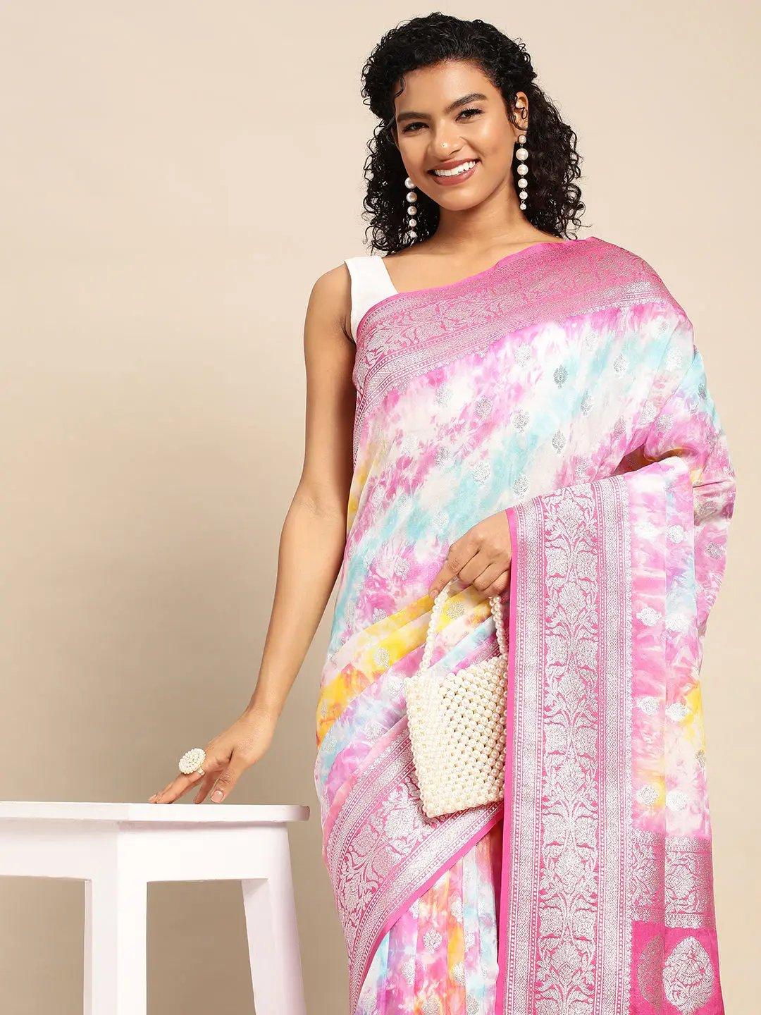 Pink Katan Silk With Brush Paint with Blouse Piece - PepaBai