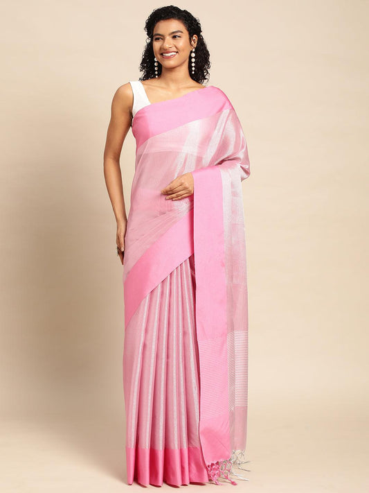 Pink Plain Tissue Saree With Embroidery Work with Blouse Piece - PepaBai