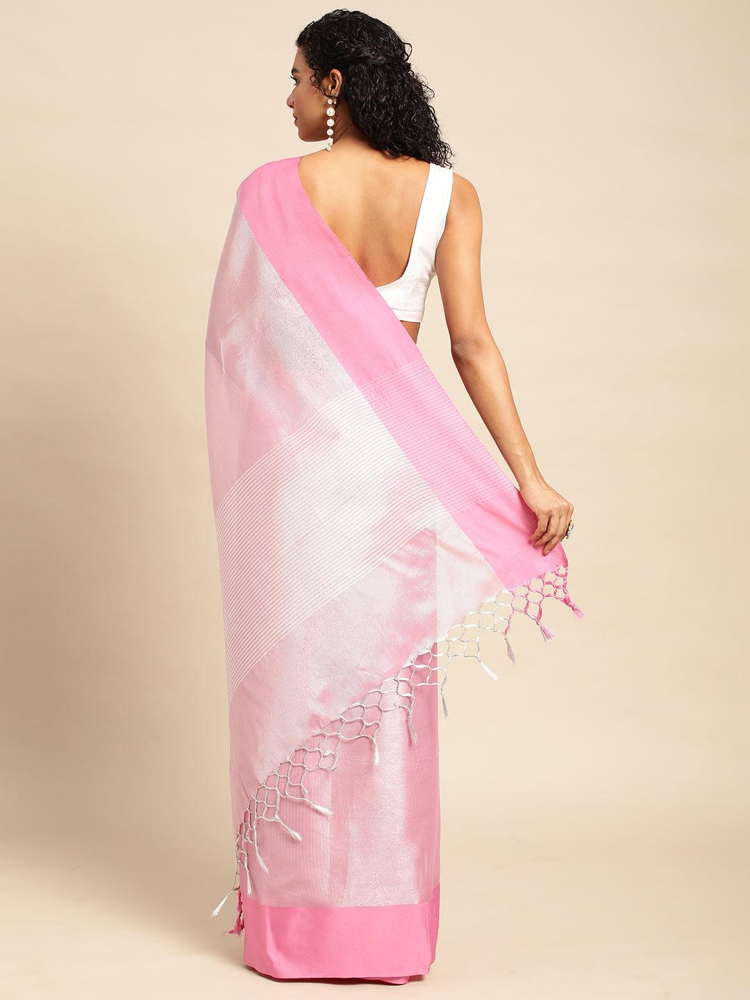 Pink Plain Tissue Saree With Embroidery Work with Blouse Piece - PepaBai