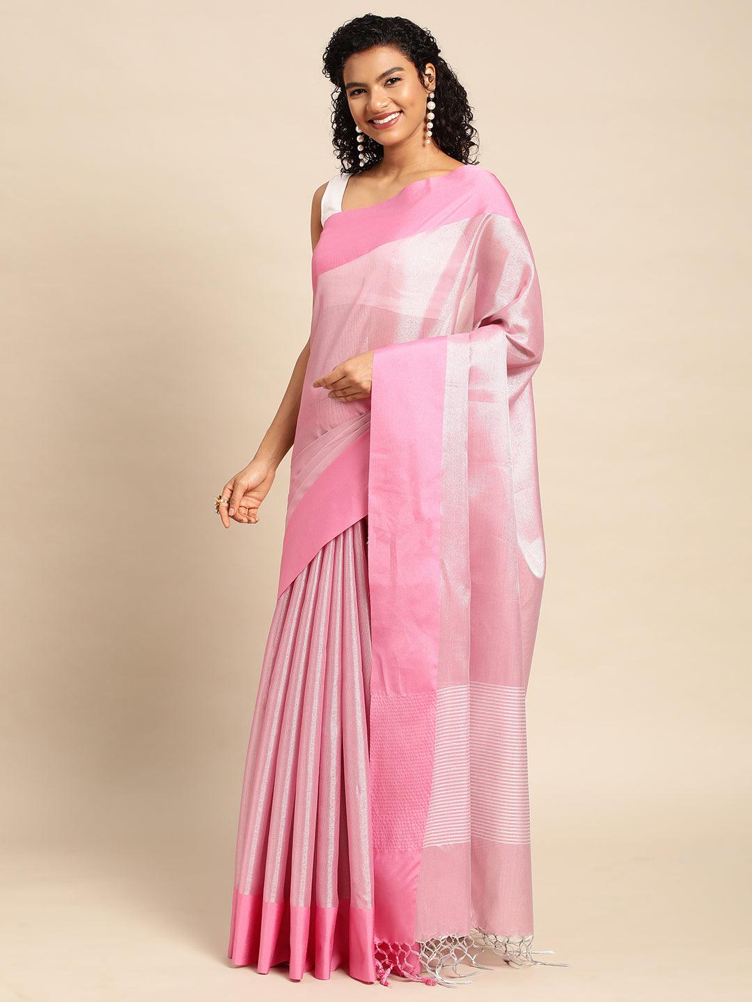 Pink Plain Tissue Saree With Embroidery Work with Blouse Piece - PepaBai