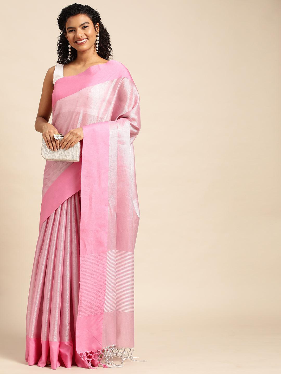 Pink Plain Tissue Saree With Embroidery Work with Blouse Piece - PepaBai