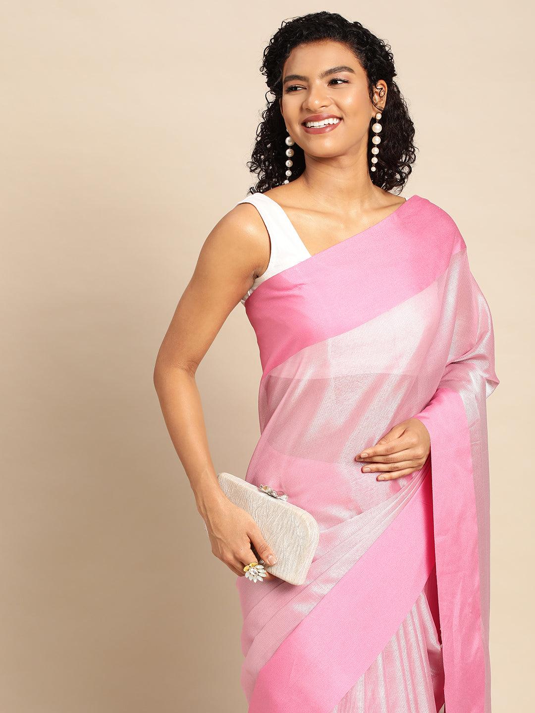 Pink Plain Tissue Saree With Embroidery Work with Blouse Piece - PepaBai