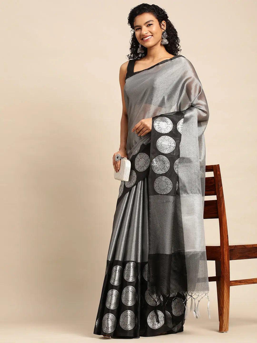 Grey-Black Plain Tissue Saree With Embroidery Work with Blouse Piece - PepaBai