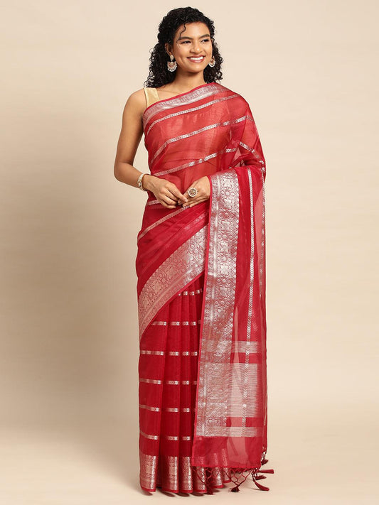 Red Handloom Organza Saree with Blouse Piece - PepaBai