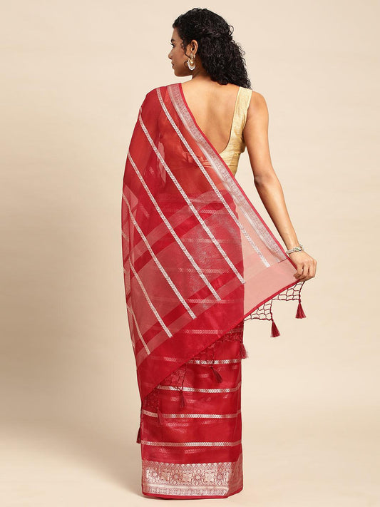 Red Handloom Organza Saree with Blouse Piece - PepaBai