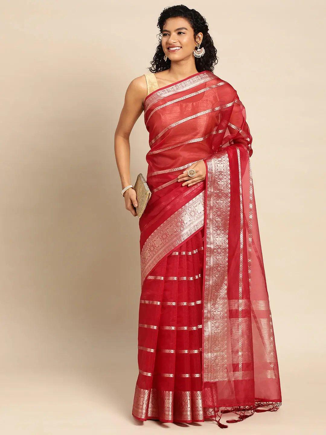 Red Handloom Organza Saree with Blouse Piece - PepaBai