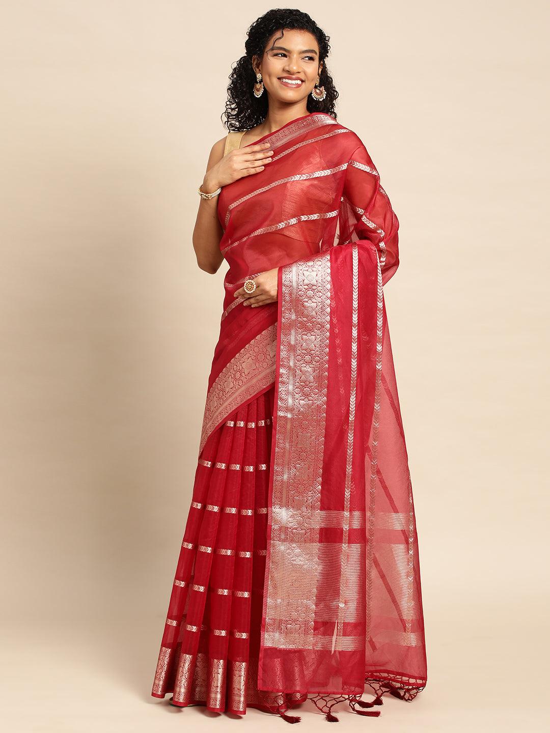 Red Handloom Organza Saree with Blouse Piece - PepaBai