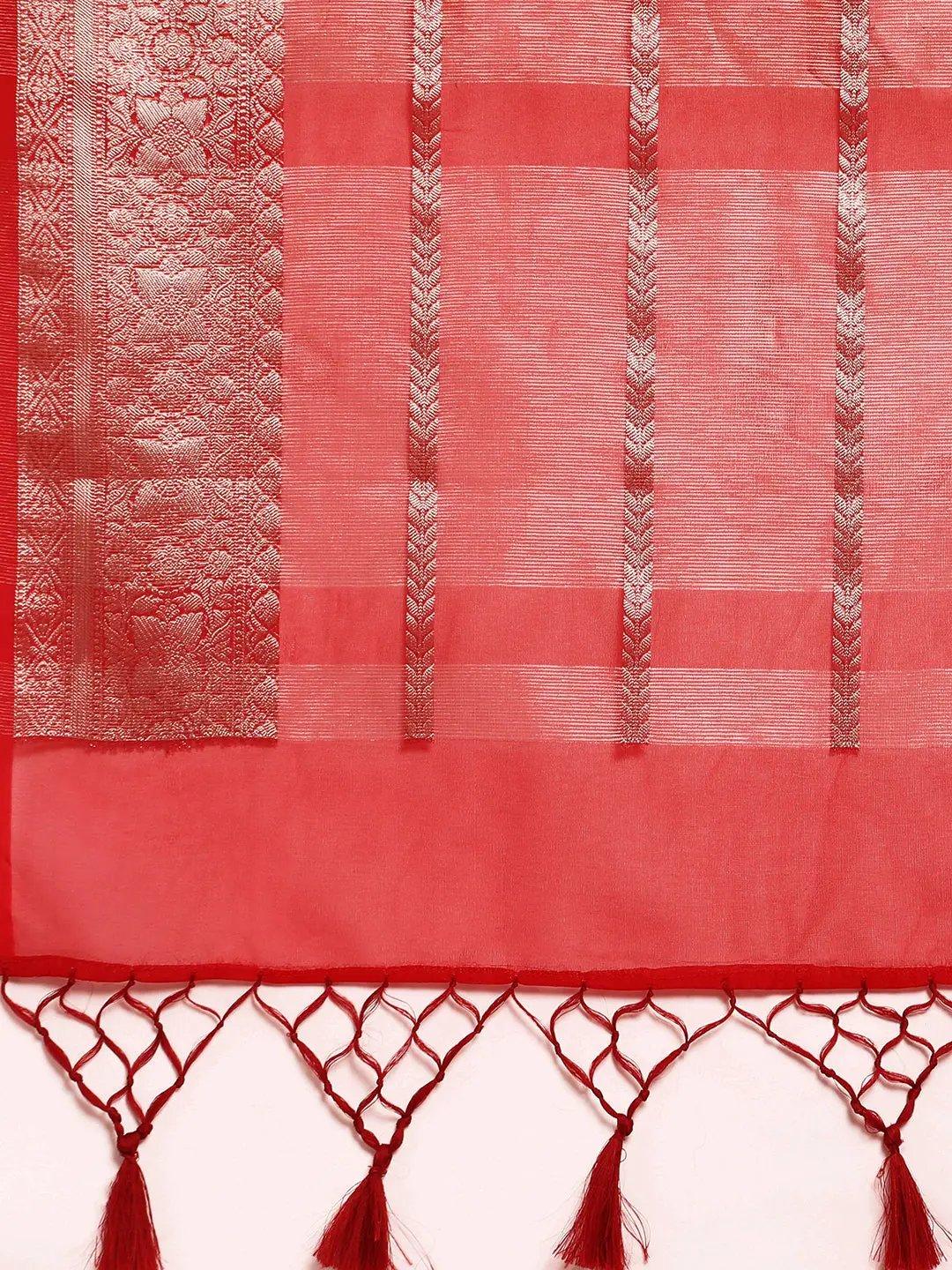 Red Handloom Organza Saree with Blouse Piece - PepaBai