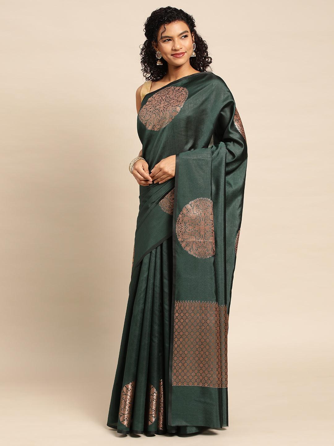 Bottle Green Banarasi Silk Handloom Saree with Blouse Piece - PepaBai