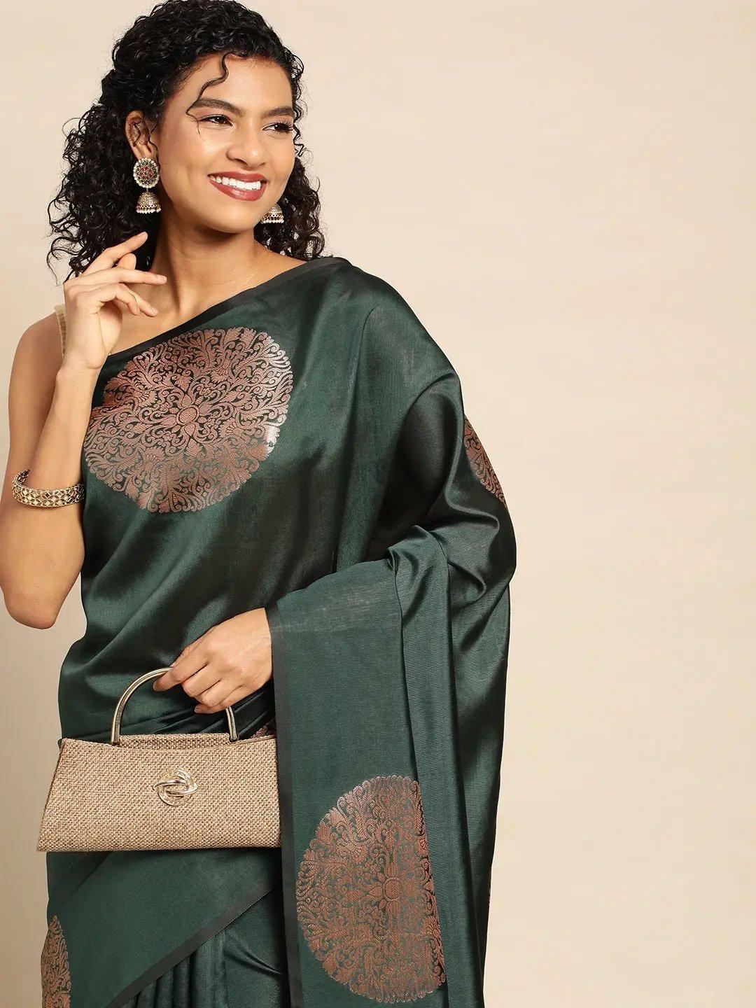 Bottle Green Banarasi Silk Handloom Saree with Blouse Piece - PepaBai