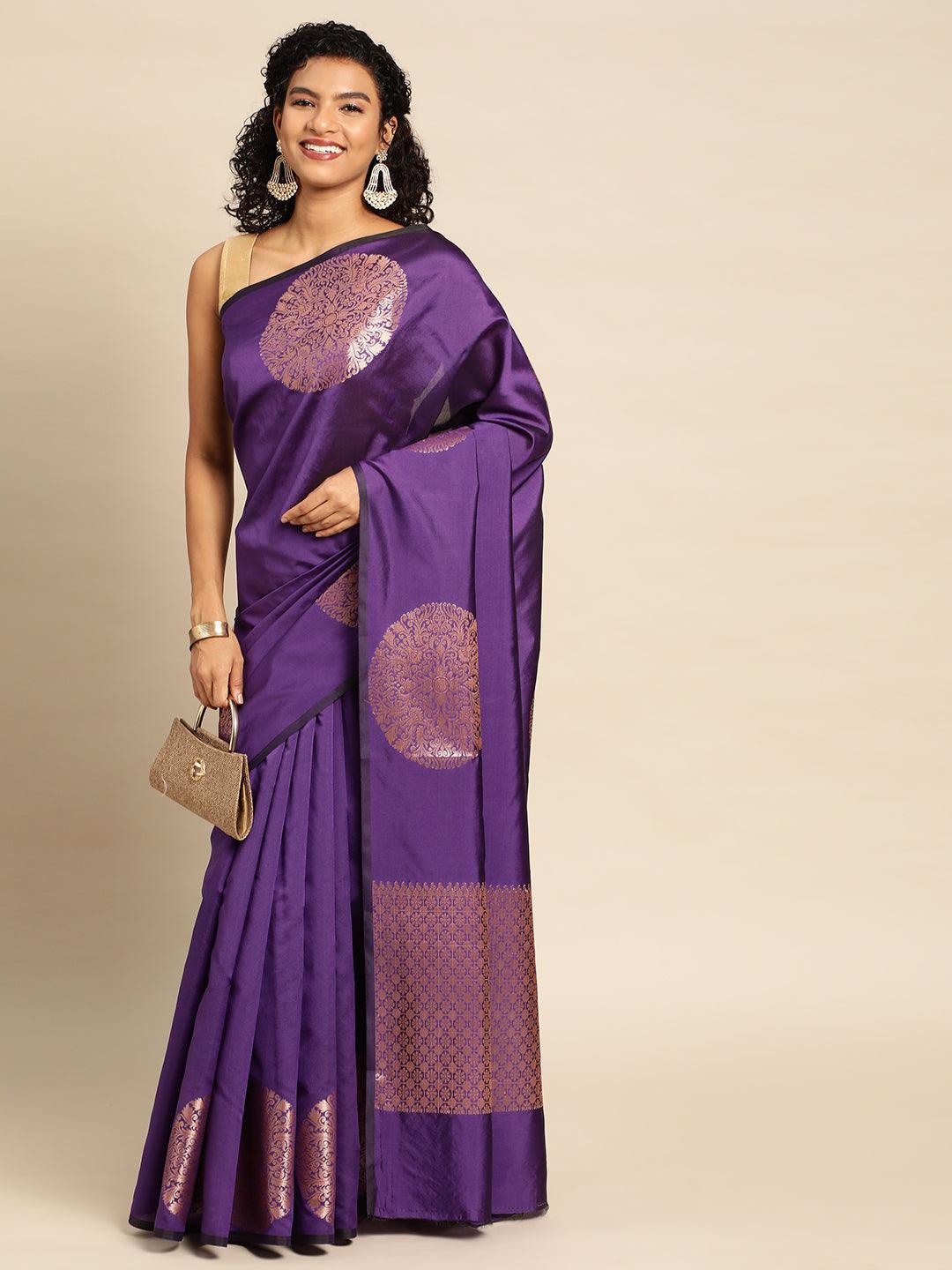 Purple Banarasi Silk Handloom Saree with Blouse Piece - PepaBai