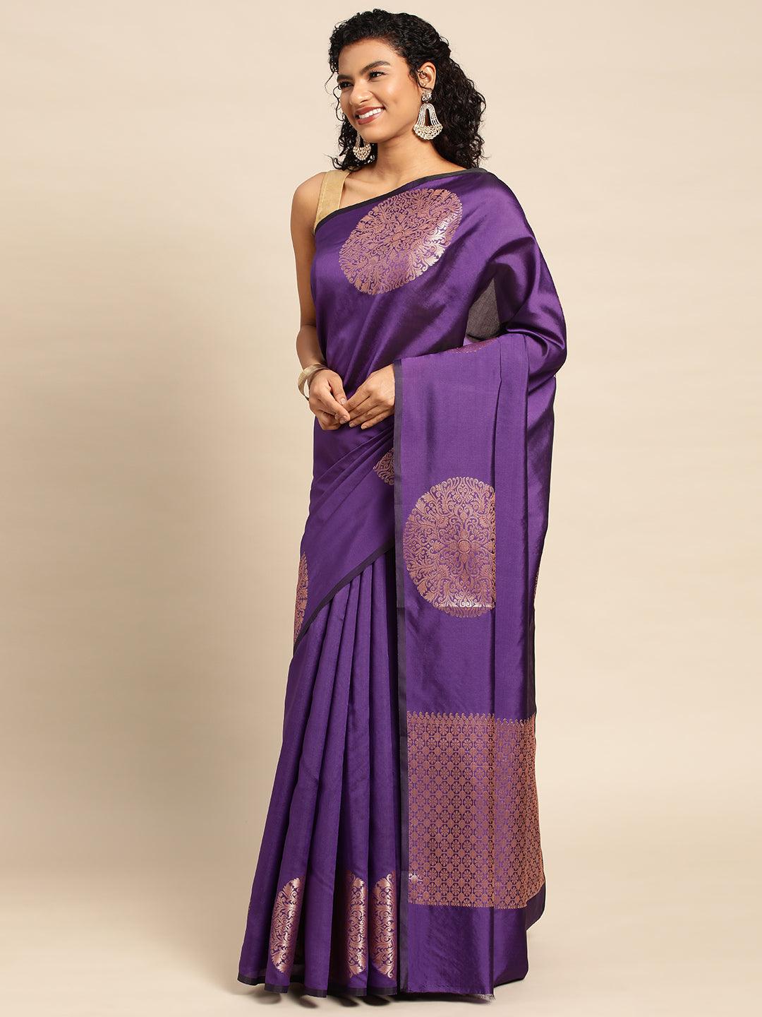 Purple Banarasi Silk Handloom Saree with Blouse Piece - PepaBai