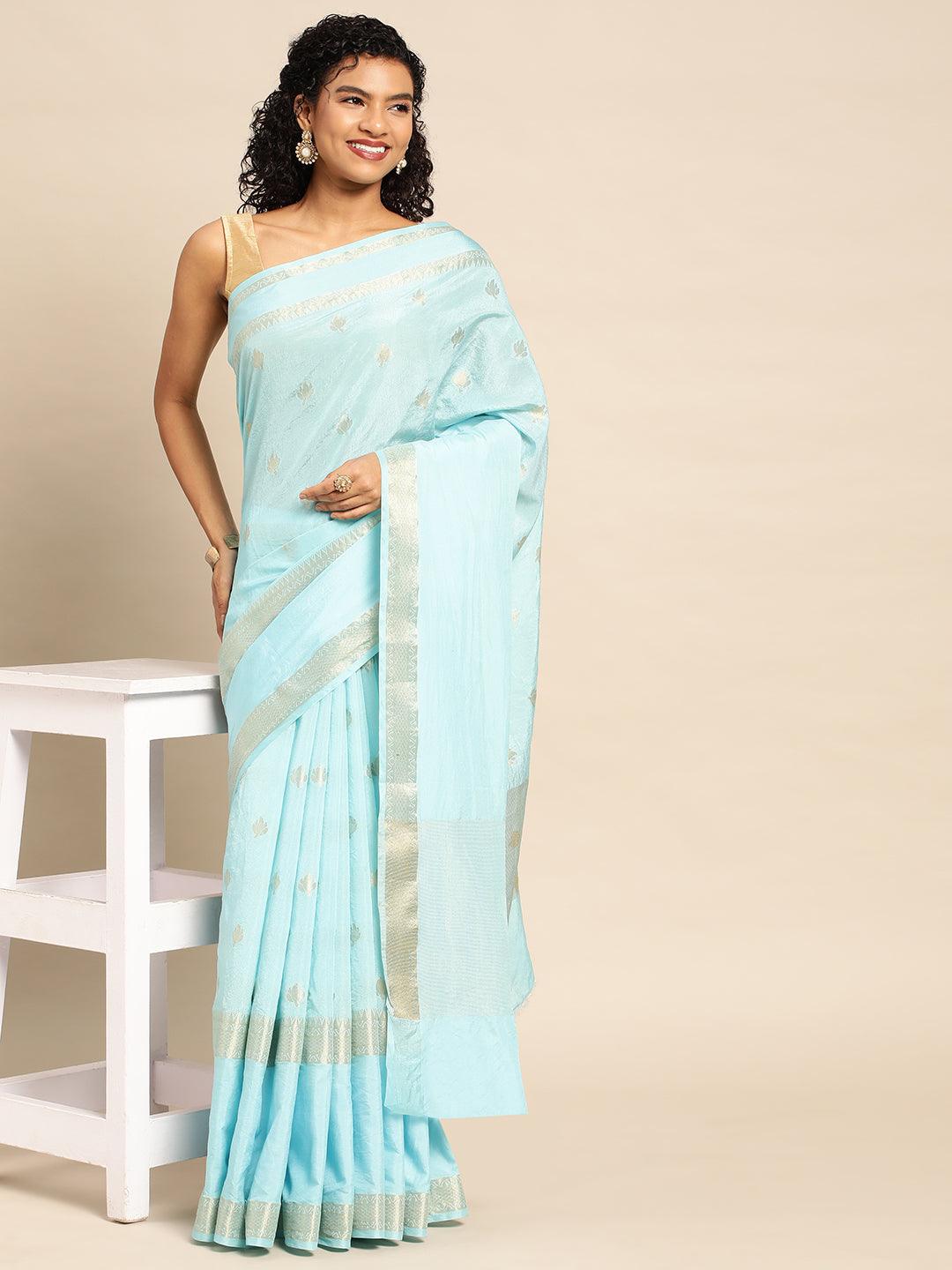 Sky Blue Warm Silk Saree With Embroidery Work with Blouse Piece - PepaBai