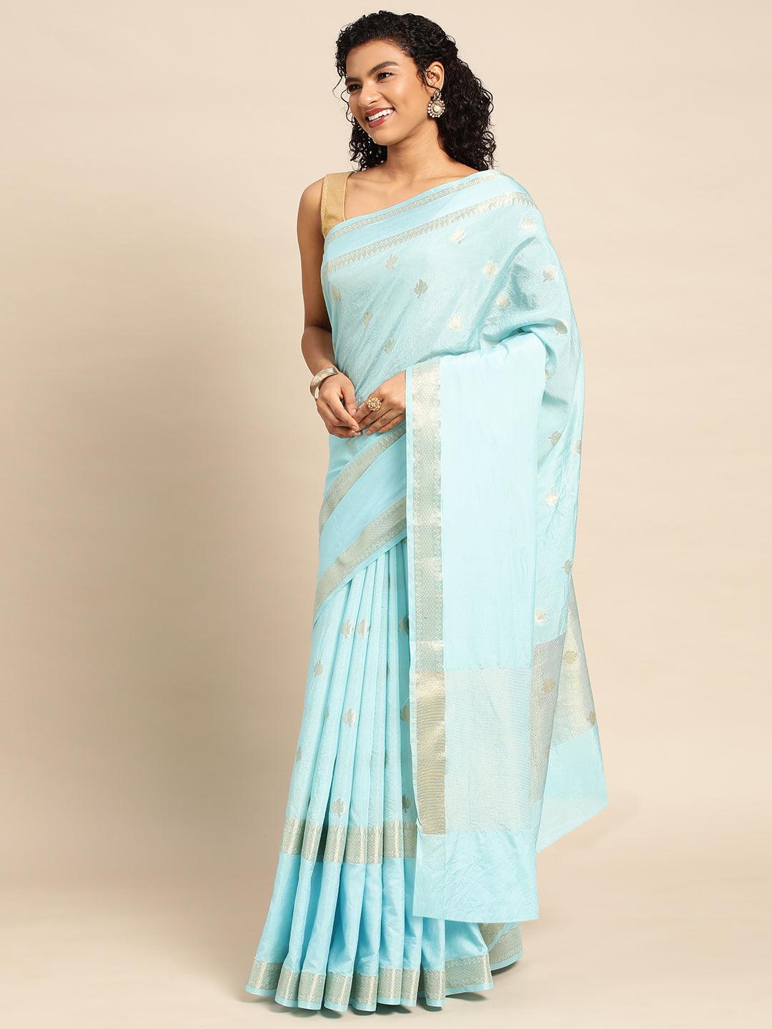 Sky Blue Warm Silk Saree With Embroidery Work with Blouse Piece - PepaBai