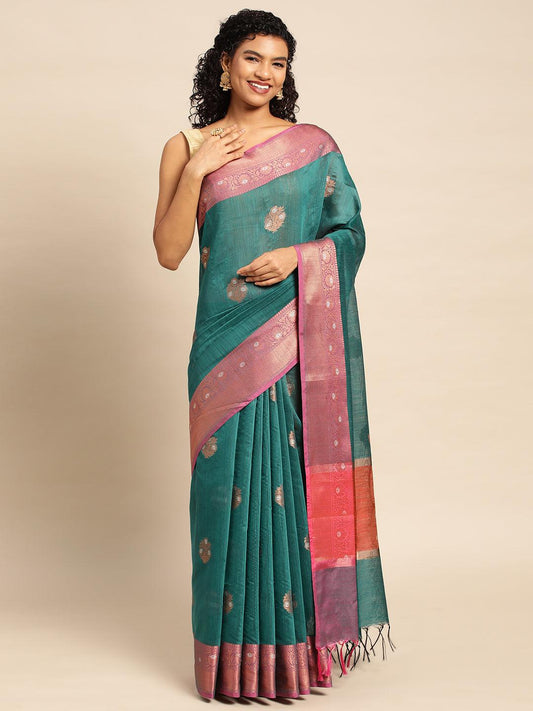 Rama Green Raw Silk Saree With Embroidery Work with Blouse Piece - PepaBai