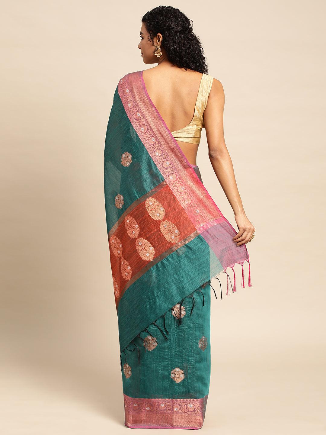 Rama Green Raw Silk Saree With Embroidery Work with Blouse Piece - PepaBai