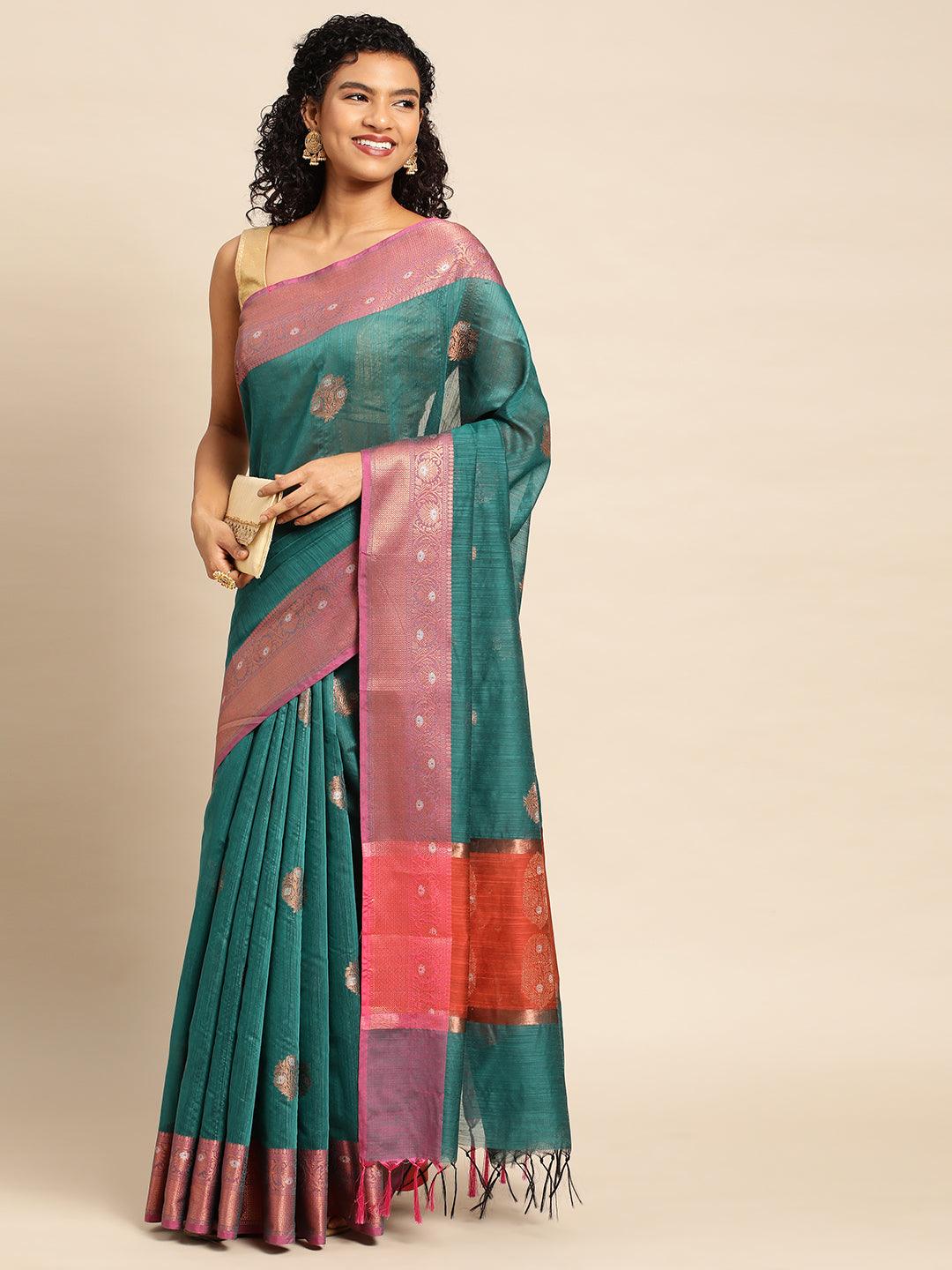 Rama Green Raw Silk Saree With Embroidery Work with Blouse Piece - PepaBai