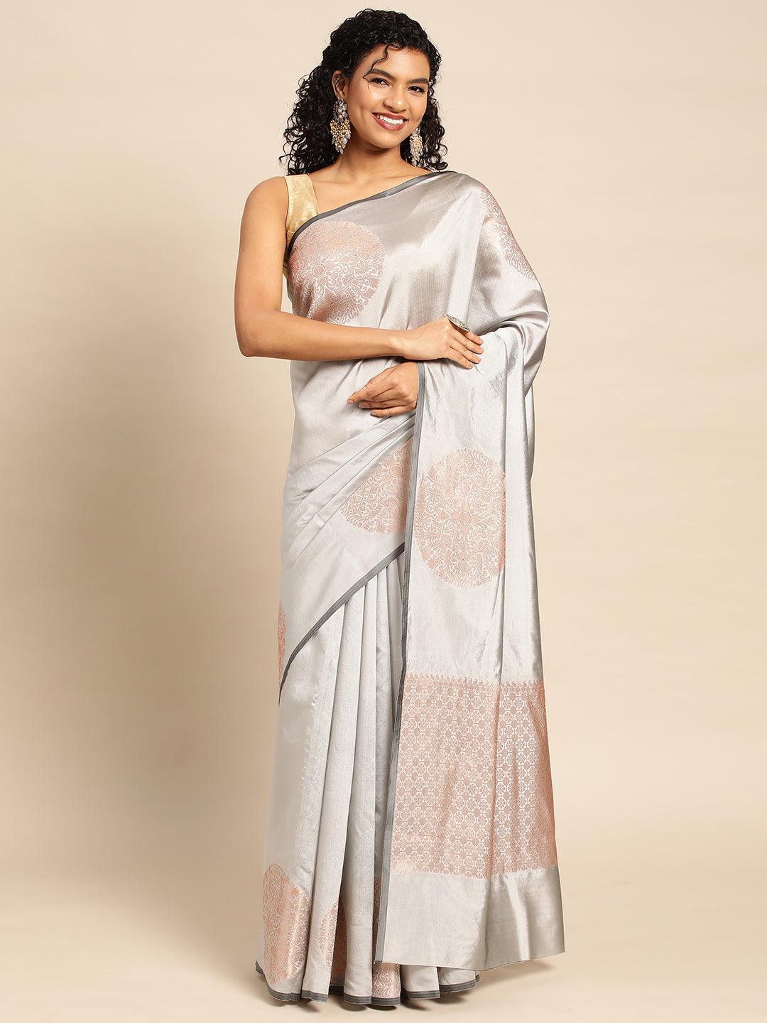 Grey Banarasi Silk Handloom Saree with Blouse Piece - PepaBai