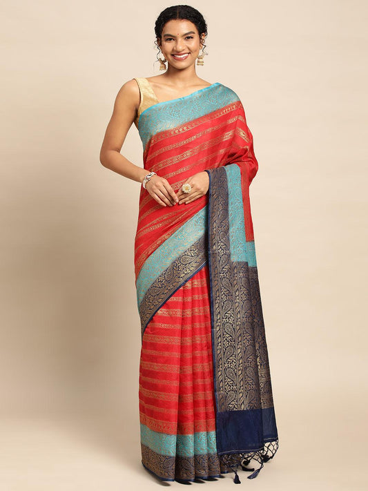 Red Muga Silk Saree With Embroidery Work with Blouse Piece - PepaBai