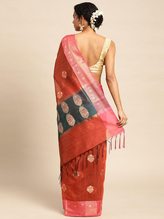 Red Raw Silk Saree With Embroidery Work with Blouse Piece - PepaBai