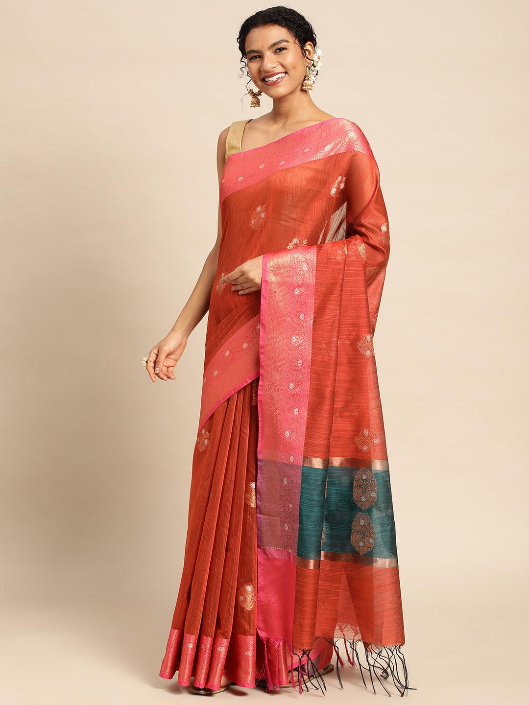 Red Raw Silk Saree With Embroidery Work with Blouse Piece - PepaBai